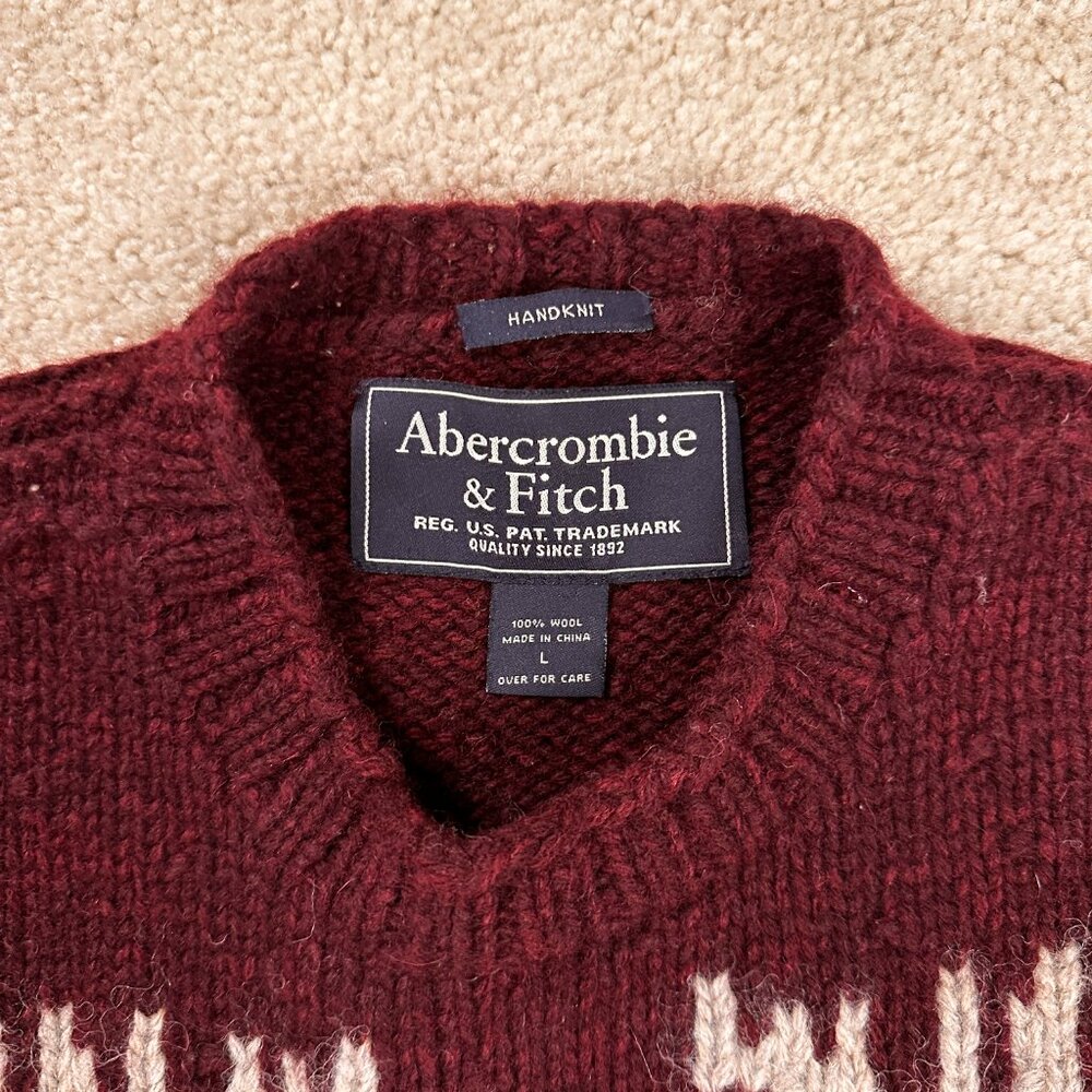 ABERCROMBIE & FITCH Hand Knit Sweater Men’s Large 100% Wool Fair Isle Moose - Picture 5 of 9